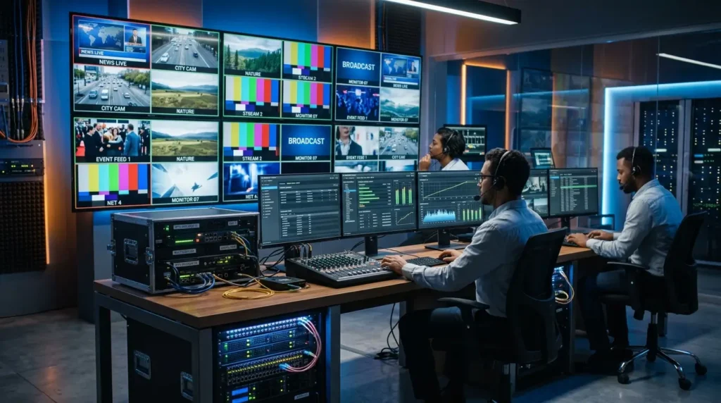 Advanced IPTV encoder workstation with futuristic streaming displays