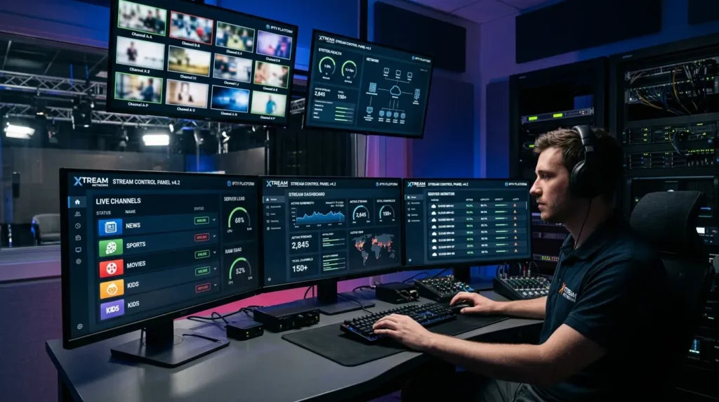 Xtream IPTV inspired streaming service on smart TV tablet and smartphone