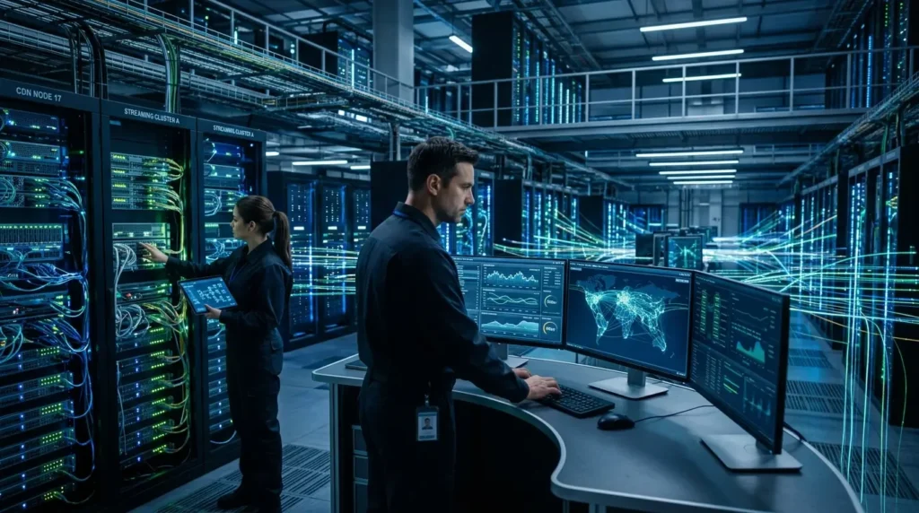 Modern IPTV suppliers office with streaming analytics and media dashboards