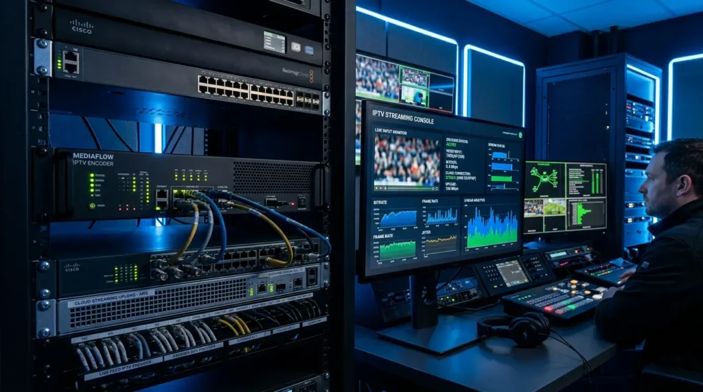 Modern IPTV encoder connected to cloud-based media streaming servers