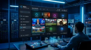 Modern Xtream IPTV style streaming dashboard with futuristic media servers